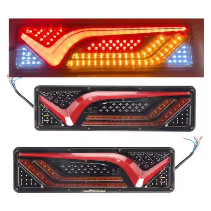 Комплект от 2 LED задни светлини за кола, универсални, за ремарке, камион и ремарке, 24V, сигнализация, позиция, СТОП функции, 46x13см, червени / кехлибарени / бели