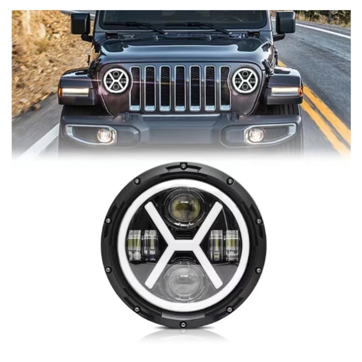 Set 2 faruri LED universale, 7 inch, cu 2 faze, semnalizare, day light, lumina alb galbena, Jeep, Toyota, Nissan, INELAG