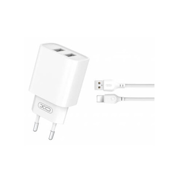 Incarcator XO Design Retea Cu Cablu Lightning CE02C 10.5W 2.1A 2 x USB-A Alb