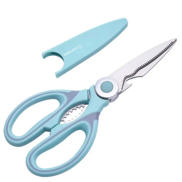 GREATON multifunkcionális konyhai olló, húst, csontokat és zöldségeket vág, üvegeket nyit, dióféléket tör, rozsdamentes acél, kertészkedéshez alkalmas, ergonomikus fogantyú, kék