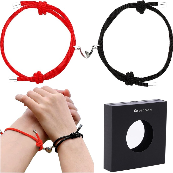 Omelivon, 2 db mágneses szív alakú páros karkötő, zsinór típusú, állítható, kézzel készített, unisex, piros-fekete