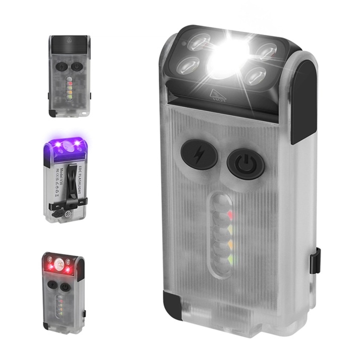 V30 lanterna EDC mica cu clema magnetica, 1000 lumeni, rotatie la 180°, lumina alba, rosie, albastra si verde, impermeabila IP65, baterie de 2000 mAh