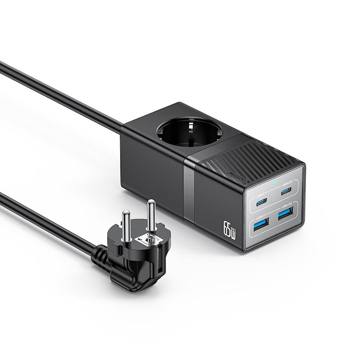 Удължител 5 в 1 с един AC контакт 2500W, станция за бързо зареждане 65W GaN, с 2 USB-C порта и 2 USB-A порта, интелигентно бързо PD зареждане, съвместим с iPhone, Samsung, iPad, MacBook, идеален за офис, пътувания, спалня, дом, черен цвят
