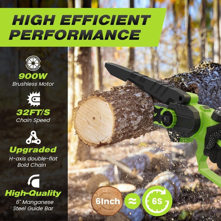 Modernizált mini láncfűrész, Folixs®, 6 hüvelyk, 2 x akkumulátor, 3 lánc, szénkefés motor, 900W teljesítmény, újratölthető kenőrendszerrel, gyorstöltés, automatikus láncfeszesség-állítás, Zöld, (mini láncfűrész)