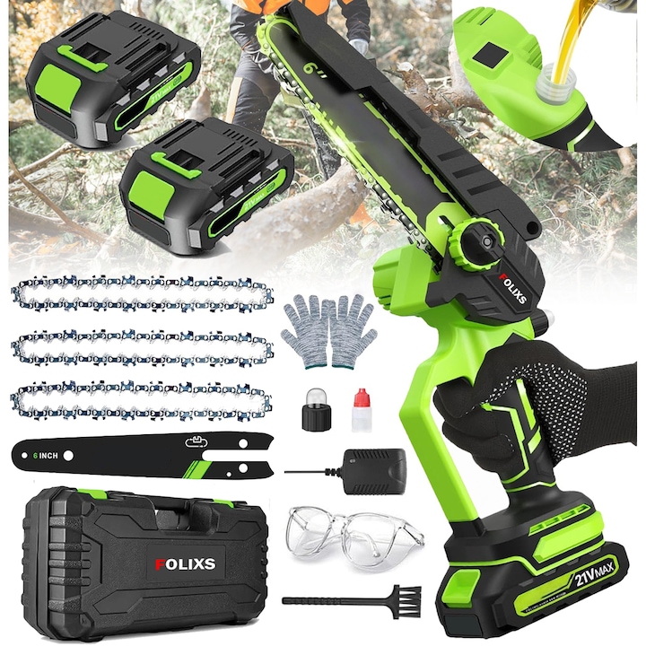 Modernizált mini láncfűrész, Folixs®, 6 hüvelyk, 2 x akkumulátor, 3 lánc, szénkefés motor, 900W teljesítmény, újratölthető kenőrendszerrel, gyorstöltés, automatikus láncfeszesség-állítás, Zöld, (mini láncfűrész)