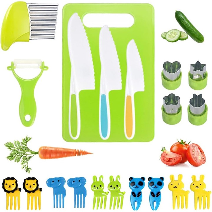 20 darabos biztonságos konyhai eszközkészlet gyerekeknek – műanyag kések + mini szakács aprító, főzőkészlet gyümölcsök és zöldségek aprításához, oktató konyhai játék
