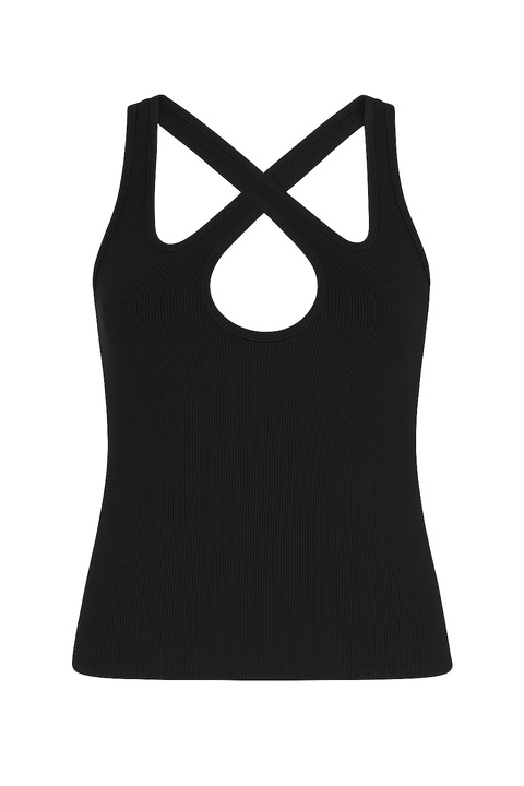 Tricou dama negru, cu bretele incrucisate si decupaj frontal – material ribbed, stil modern si sexy S-M