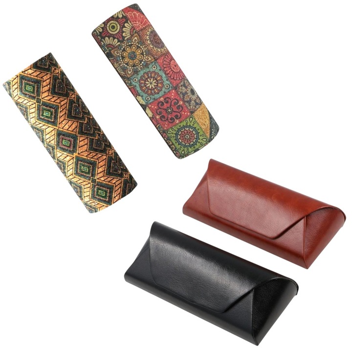Set 4 tocuri/etui pentru ochelari de soare si vedere, material pluta/metal, inchidere magnet, unisex, portabile si rezistente, protectie lentila, design floral si romb Vintage, culoare maro si negru, ergonomic
