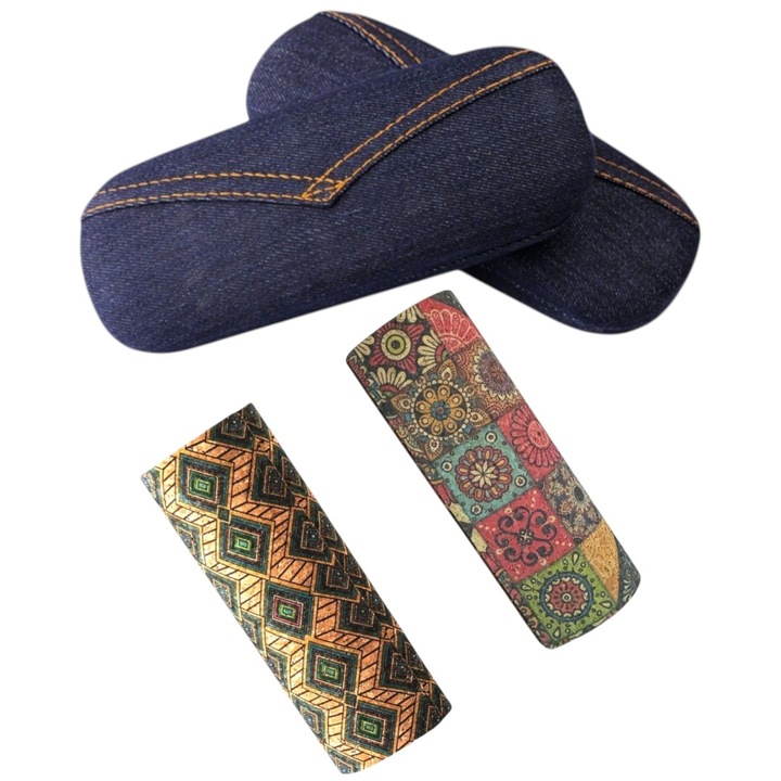 Set 4 tocuri/etui pentru ochelari de soare si vedere, material pluta/metal, inchidere magnet, unisex, portabile si rezistente, protectie lentila, design floral si romb Vintage, material blug Vintage textil, ergonomic
