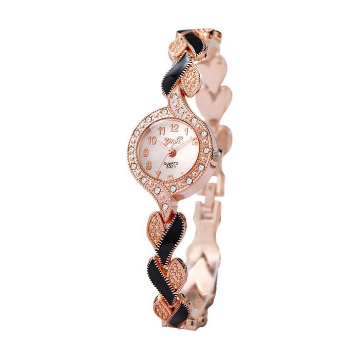 Ceas de dama elegant, curea metalica cu inimioare delicate bicolore si cristale Negru