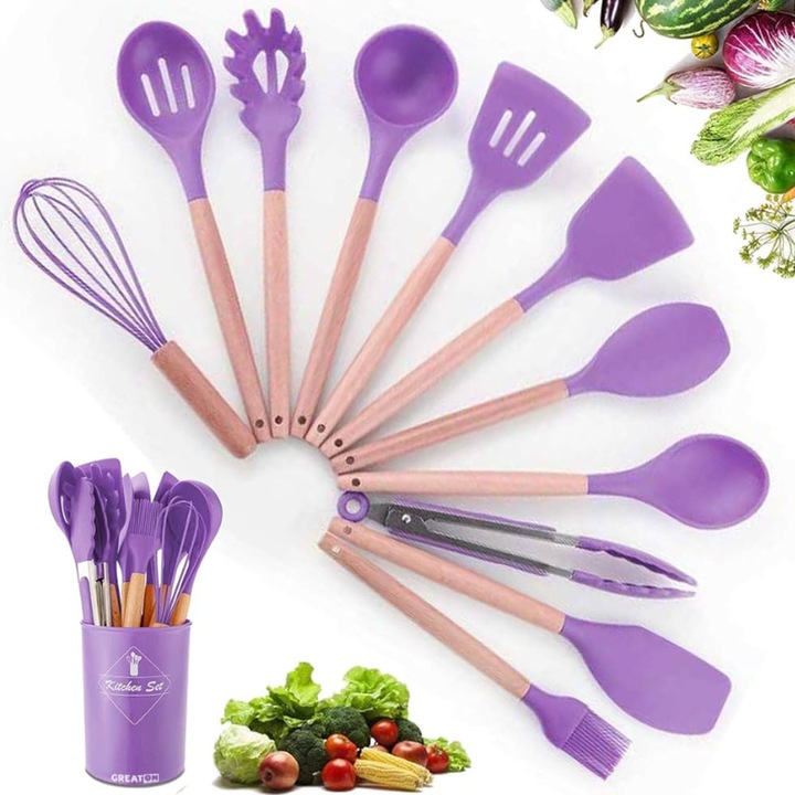 Set 12 Ustensile Bucatarie din Silicon Alimentar GREATON cu Maner Lemn, Rezistente La Temperatura, Anti-Aderente, Culoare Mov
