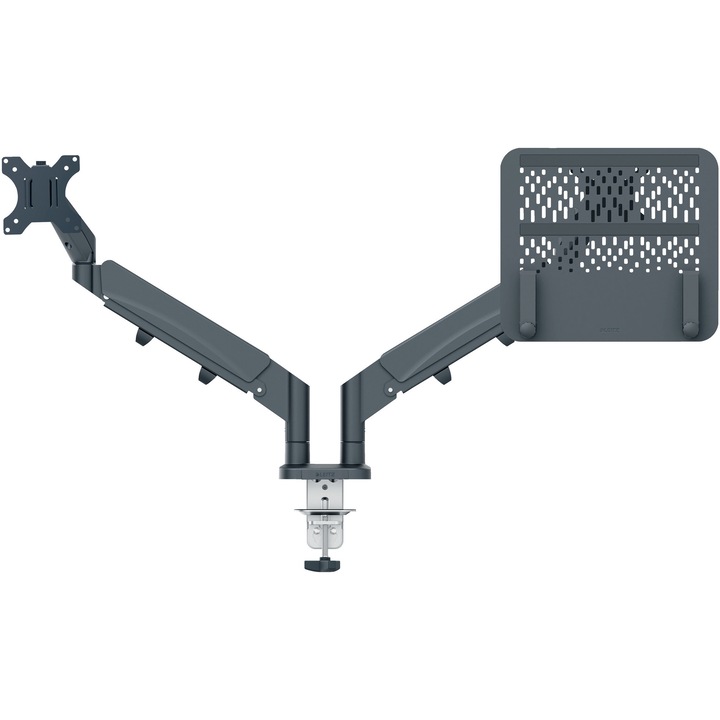 Suport pentru monitor Leitz Ergo, 2 brate ajustabile si extensibile, cu fixare pe birou, suport pentru laptop inclus, gri-carbune