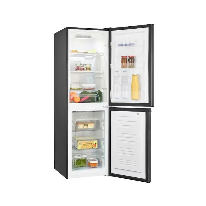 Combina frigorifica Exquisit, capacitate 193 litri, H 157.5 cm, No Frost, congelator 4 stele, compartiment pentru fructe/legume, racire rapida, control electronic de temperatura, iluminat interior LED, usi reversibile, antracit