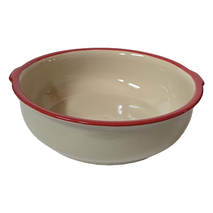 Vas termorezistent rotund, 26.5x25.5x8 cm, Crem cu margine rosie