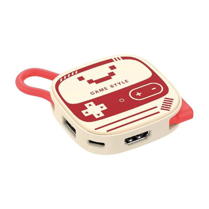 Hordozható dokkoló állomás Nintendo Switch 2-höz, Omelivon, Mini 3 az 1-ben dokkoló, HDMI 4K 60Hz, PD 100W töltés, USB 3.0, Retro kompakt design, Könnyen hordozható, Bézs / Piros
