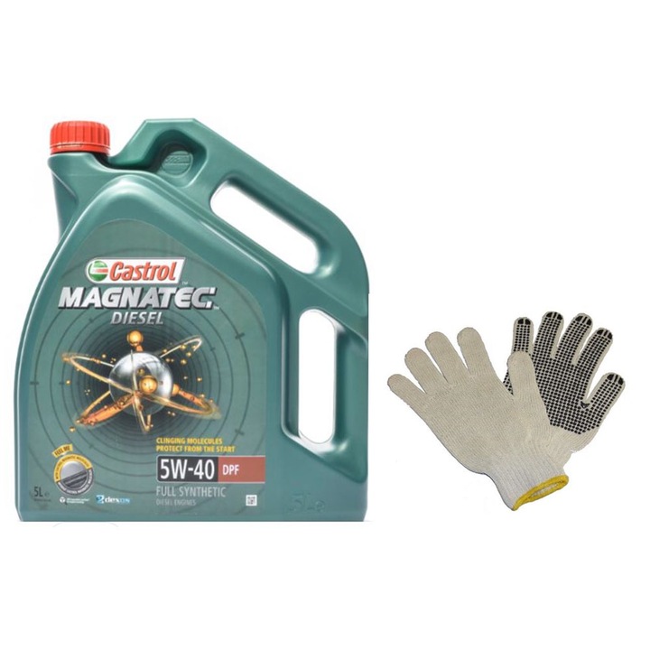 Set Ulei sintetic motor Castrol Magnatec Diesel DPF 5w40 ACEA C3 5L si 2 Manusi de lucru cu palma intarita