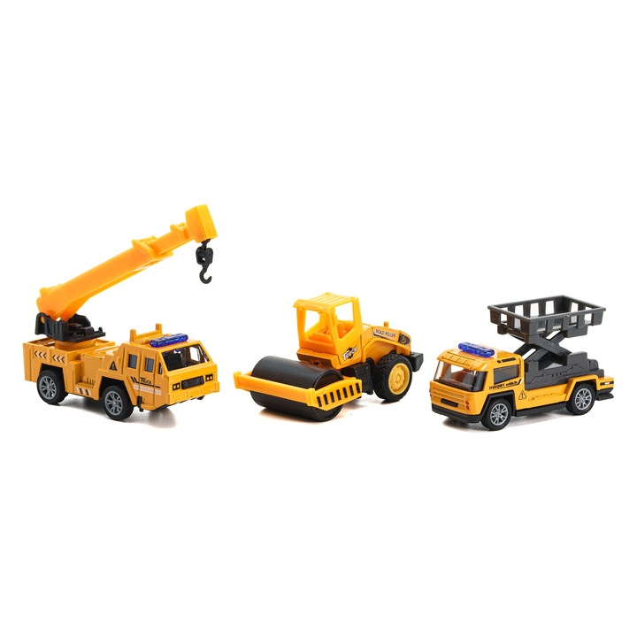 Set 3 masinute inginerie Mixbo, model 4, plastic/metal, 8 cm, 3 ani +, galben