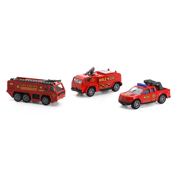 Set 3 masinute pompieri Mixbo, model 4, plastic/metal, 8 cm, 3 ani +, rosu deschis