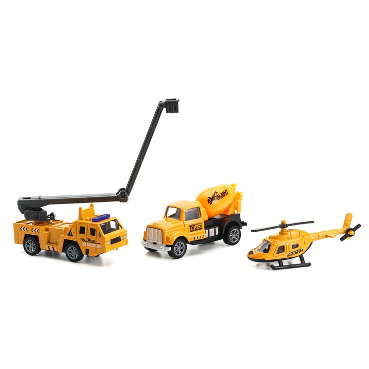 Комплект 3 инженерни коли Mixbo, модел 3, пластмаса/метал, 8 см, 3 години +, светло жълто