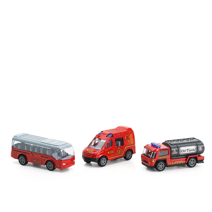 Set 3 masinute pompieri Mixbo, model 2, plastic/metal, 8 cm, 3 ani +, rosu inchis