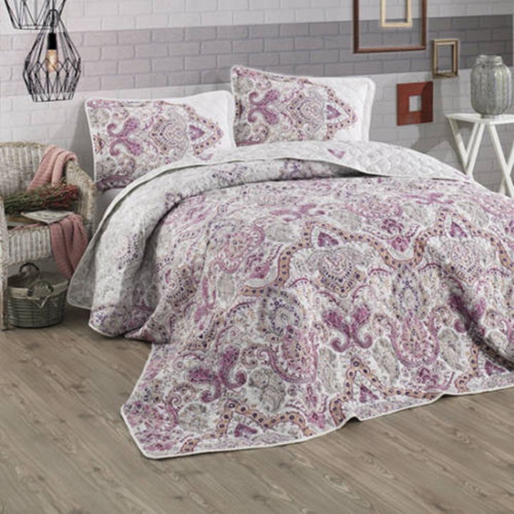 Cuvertură de pat Clasy matlasată set 3 piese (floresta v1) 240x260cm, 2 fete de pernă 50x70cm, bumbac 100%