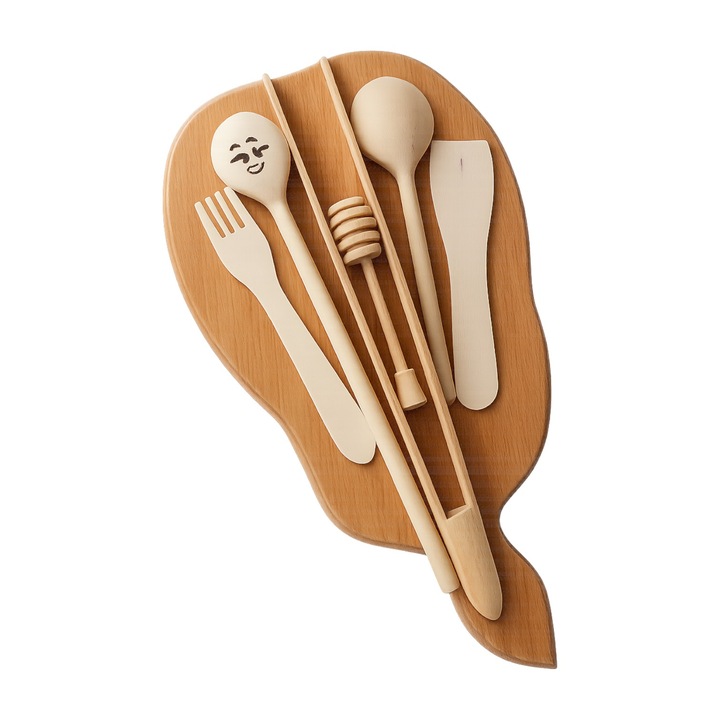 Tocator din lemn cu 6 ustensile pentru bucatarie – 38x22 cm, multifunctional, palete, linguri, cleste, din lemn natural