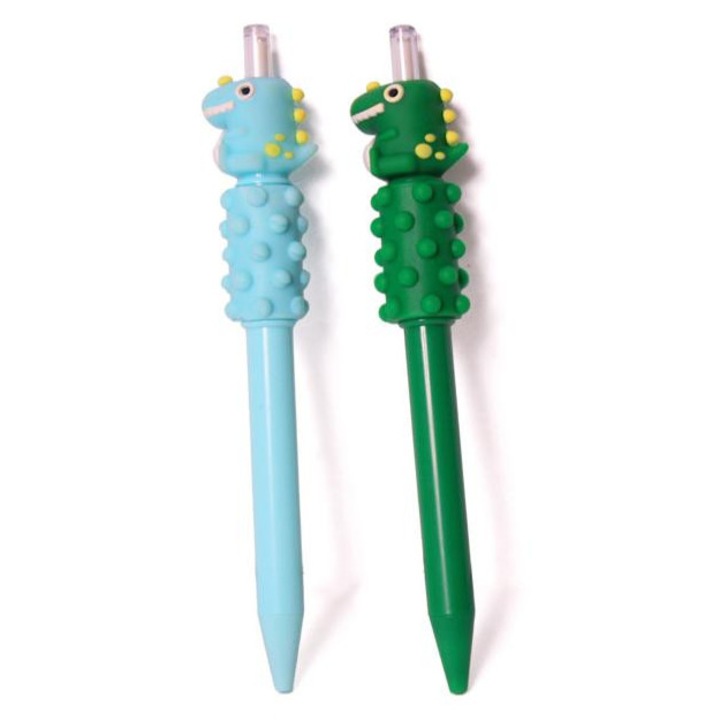 Set 2 pixuri 3D Antistres cu figurina Dinozaur, Cerneala Neagra, Ideale pentru copii, Verde/Bleu