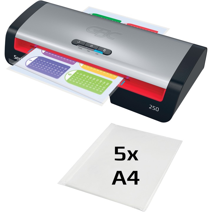 Laminator GBC 250 Office, A4, kit folii laminare inclus, negru-argintiu