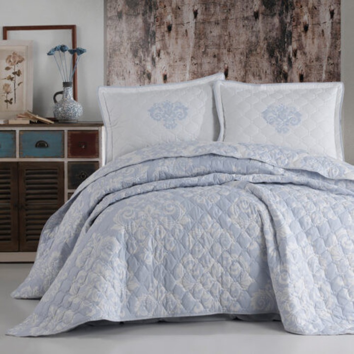 Cuvertura de pat Clasy matlasata 2 persoane, bumbac 100%, 240x260cm, cu 2 fete de perna 50x70cm