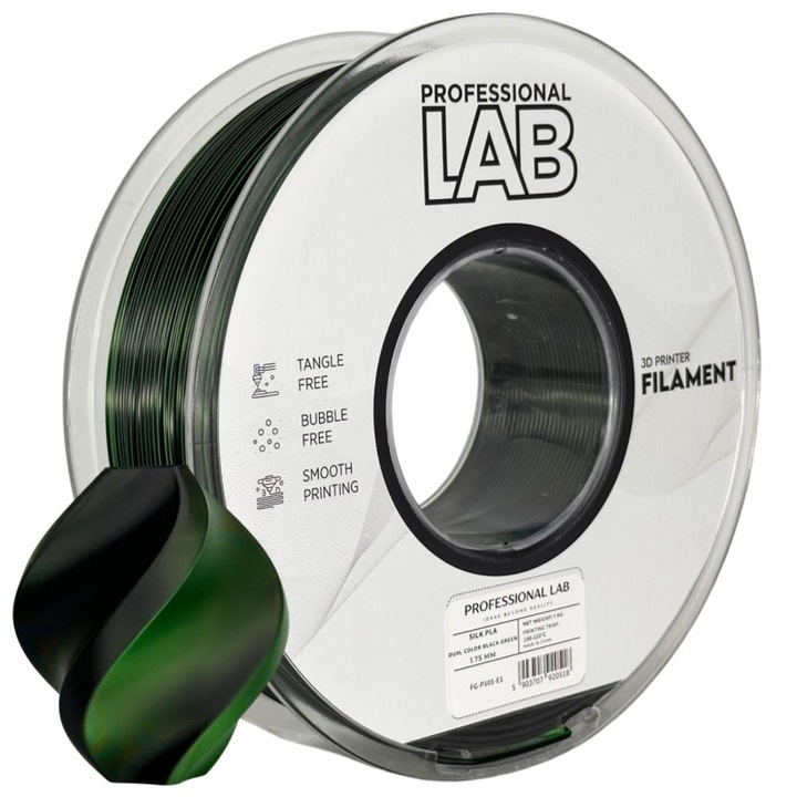 Filament Profesional LAB, Silk, PLA, Dual Color Negru Verde, Diametru: 1.75 mm, Greutate 1 kg