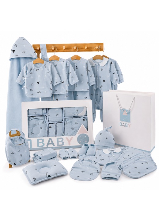 Set Cadou Nou Nascut 22 Piese Bumbac 100% Pentru Bebelusi Baieti, Haine Moale Si Confortabile Cu Maneca Lunga, Design Cu Avioane Hartie, Cutie Premium Cu Maner, Pentru Toate Anotimpurile, Baby Shower, OMYA, Culoare Bleu