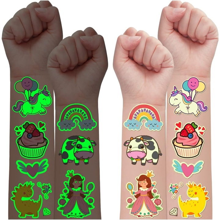 Tatuaje Temporare Fosforescente Copii – 300 Modele (20 Foi) – Dinozauri, Sirene, Pirati si Altele – Stickere Tatuaje pentru Petreceri, Jocuri, Cadouri si Activitati