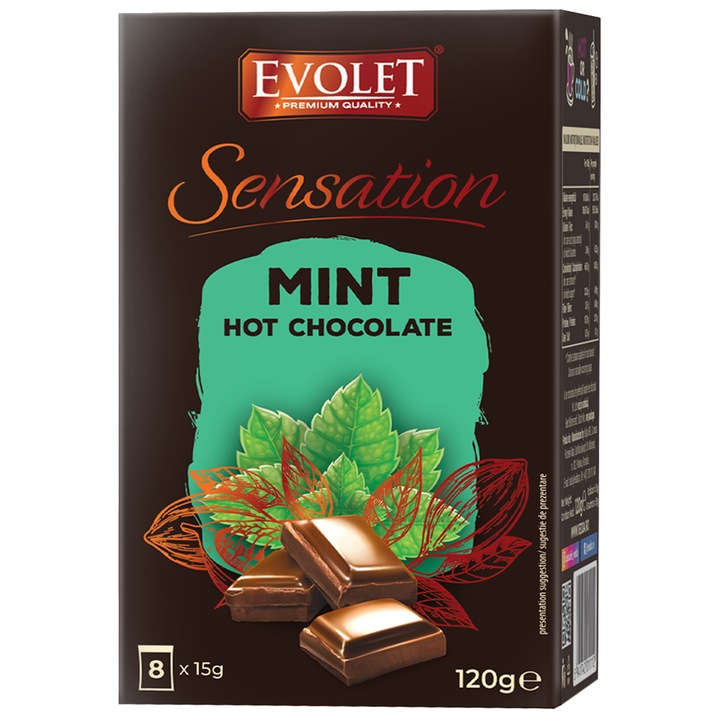 Ciocolata calda instant Evolet Sensation, cu aroma de menta, 8 plicuri x 15g