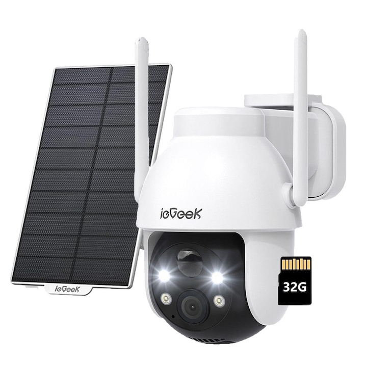 ieGeek 2K 3MP HD 360° WLAN 2.4GHz слънчева Wi-Fi камера за външно наблюдение със сензор за движение, цветно нощно виждане, двупосочно аудио, IP65
