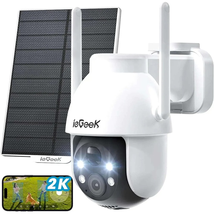 Camera de supraveghere solara WI- FI pe bateri pentru exterior ieGeek 2K 3MP HD 360° WLAN 2.4GHz cu senzor de miscare, vedere nocturna color, audio bidirectional, IP65