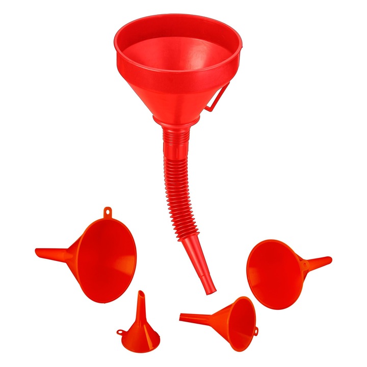 Set palnie cu furtun flexibil si site, 5 piese pentru uz auto si casnic, palnii din polipropilena rezistenta la ulei si acizi, rosu