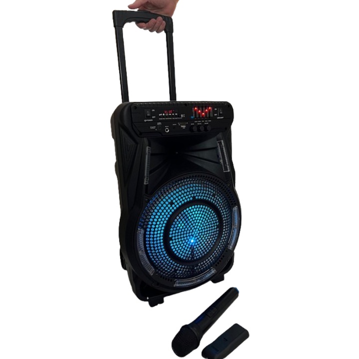 Boxă portabilă WAINER SK02, 70W RMS, Bluetooth, microfon wireless, roți, 12 inch, 2500mAh, lumini RGB, 7.85 kg