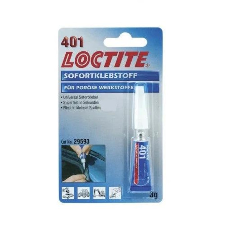 Adeziv universal rapid LOCTITE 401 BC 195904, tub de 3 grame, compatibil cu metal, plastic, lemn, hartie si textile