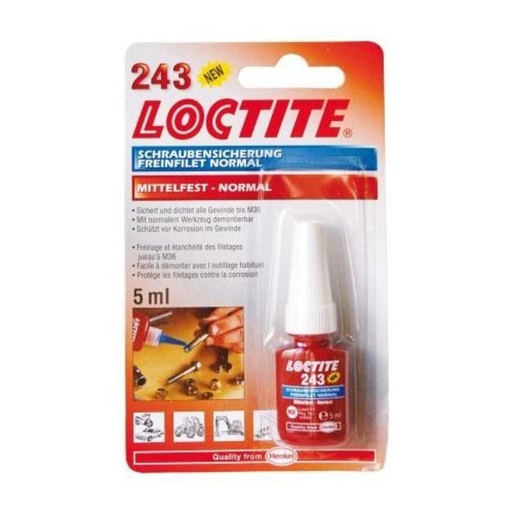 Filet Asigurator LOCTITE 243 BC 1370555, volum 5 ml, rezistenta medie, albastru, pentru componente metalice