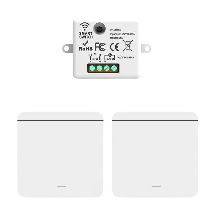 Set 2 Intrerupatoare cu Revenire Fara Fir si 1 Controller Wireless (RF433), Cap-Scara, Control al Luminilor si Aparatelor, Alb
