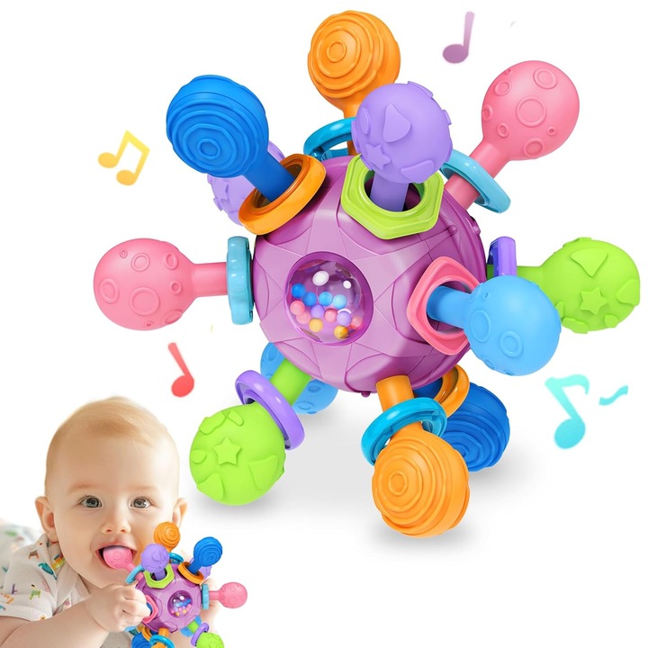 Bébi rágóka, fogzási játék, BPA-mentes, több rágható ponttal, csörgő, interaktív, Manhattan Atomic Toy fájdalomcsillapításhoz és finommotoros készségek fejlesztéséhez, RÓZSASZÍN, + 0 hónapos kortól, Teona Concept