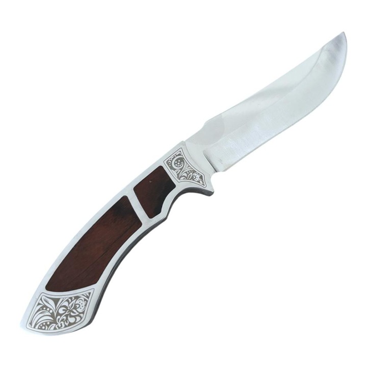 Cutit de vanatoare si drumetie 139, lama 11 cm, total 22 cm, grosime 3 mm, maner metalic cu insertie lemn, 200 g, cu teaca inclusa, cod AVI-5027