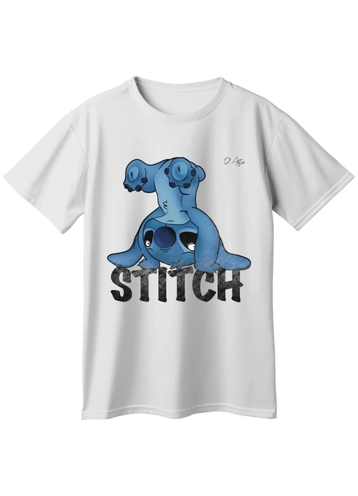 Tricou basic unisex din bumbac, Stitch, alb