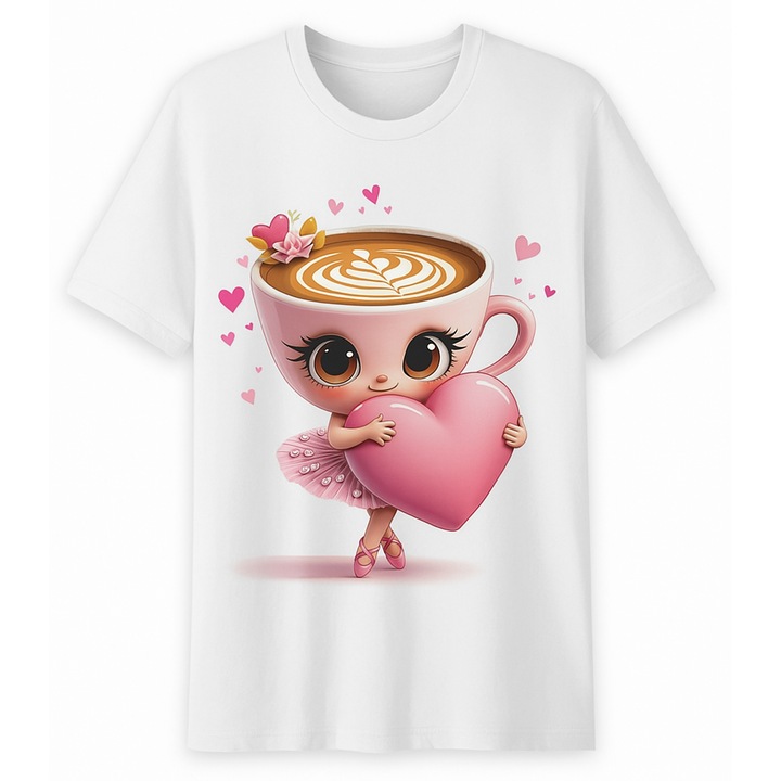 Személyre szabott gyerek póló, Cappuccino balerina, fehér, unisex, pamut, 190g, mellbőség, Fehér