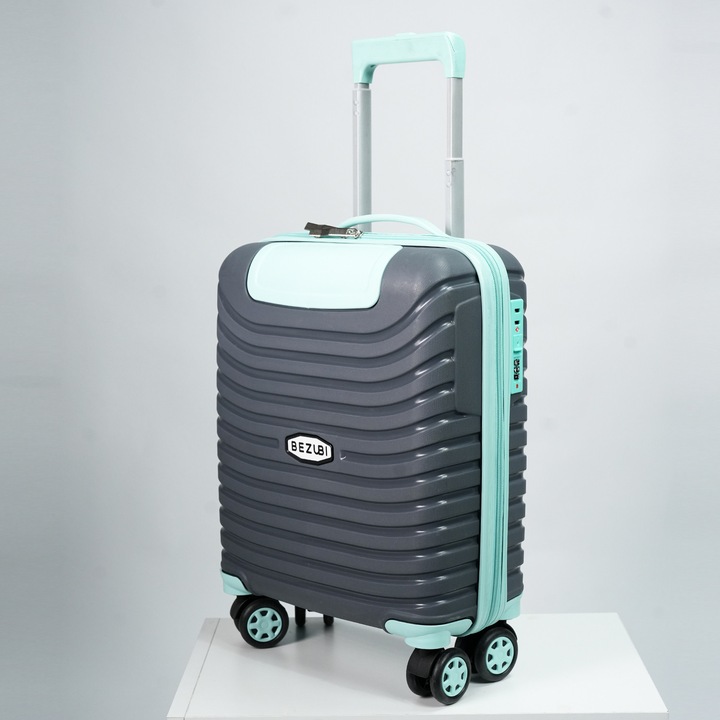 Troler cabina avion, Bezubi, 40x30x20cm, bagaj de mana, troller cu fermoar sigur, cifru, maner telescopic lung, geamantan cu 4 roti duble, detasabile, 360°, valiza ABS rezistent, 2 compartimente cu buzunar, 10kg+, gri turcoaz