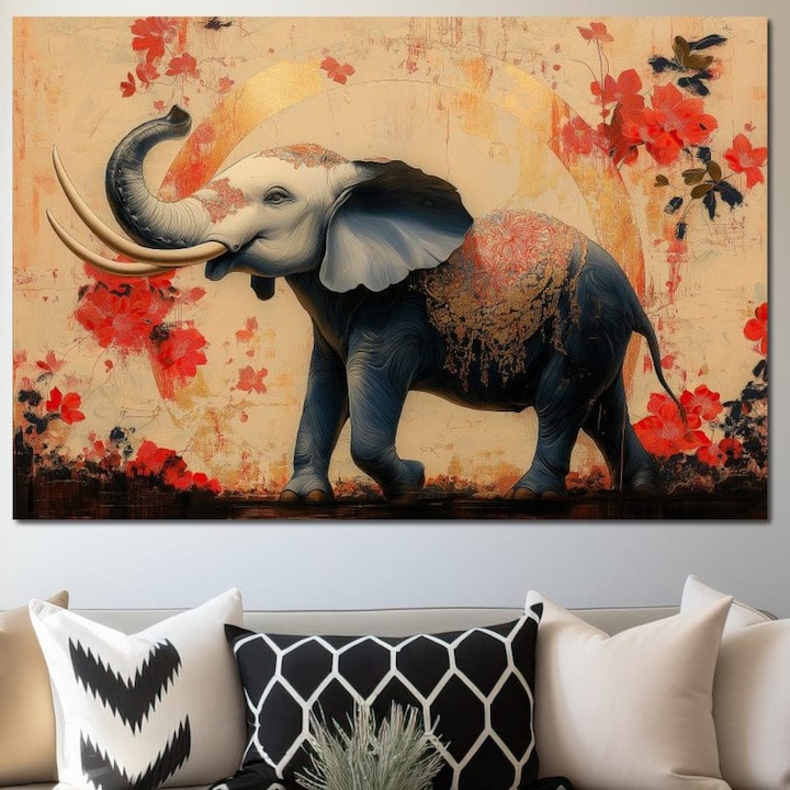 Tablou Canvas Premium, LuxCanva® M1308, Dans la Rasarit Japonez, 80 X 120 CM, Panza Bumbac 100% 400g/m2, Sasiu Lemn, Elefant, Animal, Oriental, Floral, Abstract, Arta, Traditie, Colti, Trompa, Elegant, Birou, Living, Camera Copil