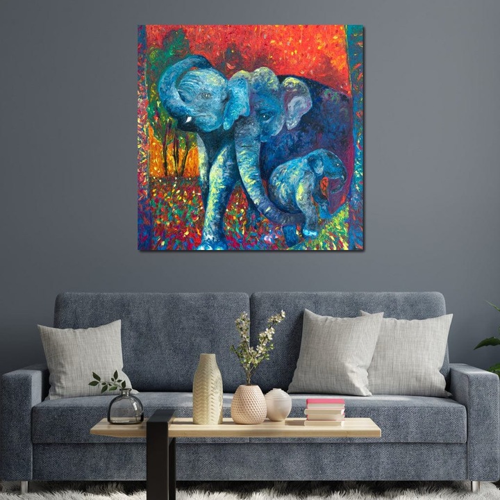 Премиум картина върху платно, LuxCanva® M1309, Истории от джунглата, 75 X 75 см, 100% памучно платно 400 г/м2, дървена рамка, многоцветно, експресионизъм, слонове, природа, джунгла, тропически, савана, топлина, контраст, офис, хол, детска стая