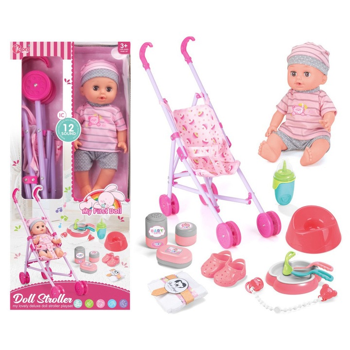 Set bebelus cu 12 sunete si carucior plus accesorii pentru fetite cu varsta 36luni++