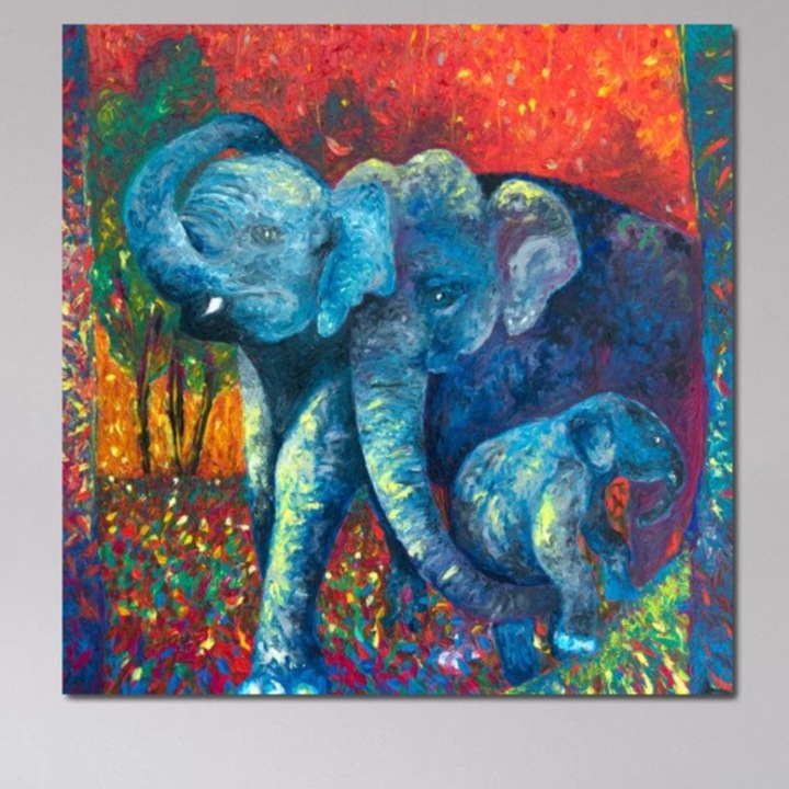 Tablou Canvas Premium, LuxCanva® M1309, Povesti din Jungla, 100 X 100 CM, Panza Bumbac 100% 400g/m2, Sasiu Lemn, Multicolor, Expresionism, Elefanti, Natura, Jungla, Tropical, Savana, Caldura, Contrast, Birou, Living, Camera Copil