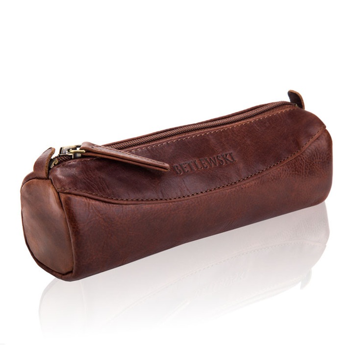 Кръгъл калъф за моливи, Betlewski, Офис, училищен, за учене, за работа, естествена кожа, кафяв цвят, цип, 20 x 6, 5 x 6, 5 см